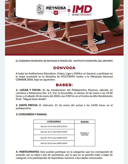 Convoca el Gobierno de Reynosa a la eliminatoria de Atletismo