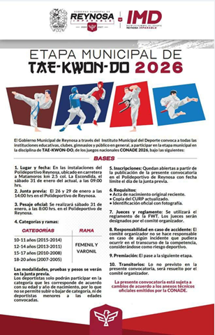 Invita el Gobierno de Reynosa a participar en el Torneo Municipal de Taekwondo